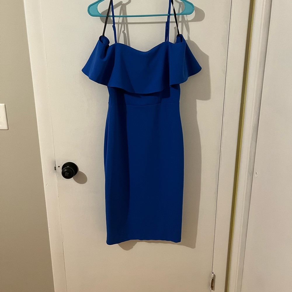 premier amour blue off the shoulder sheath dress size 6